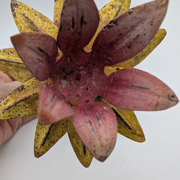 Vintage Tole Aged Yellow and Pink Metal Flower Candle Holder - Picture 7 of 10